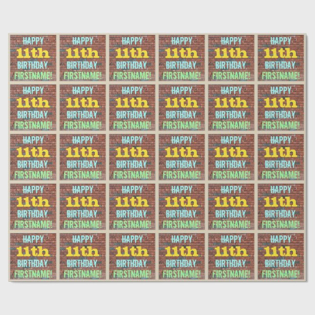 Brick Wall Graffiti Inspired 11th Birthday + Name Wrapping Paper (Flat)