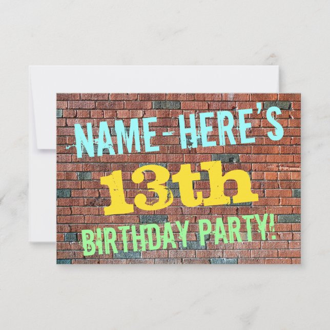 Brick Wall Graffiti Inspired 13th Birthday + Name Invitation (Front)