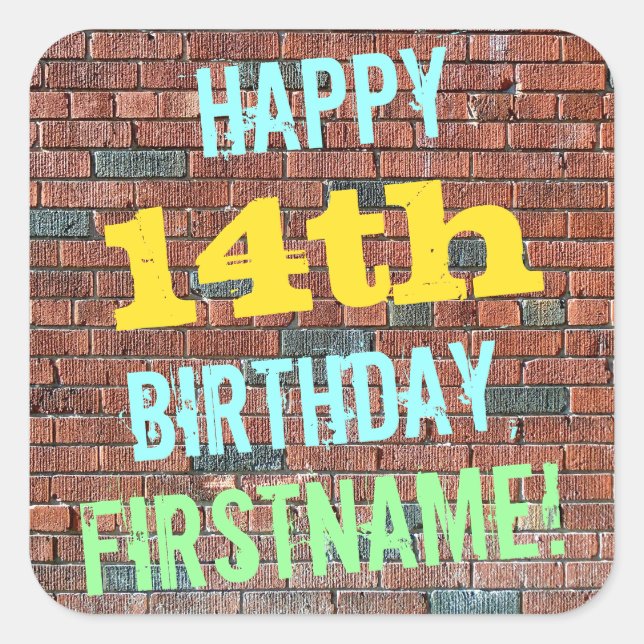 Brick Wall Graffiti Inspired 14th Birthday + Name Square Sticker (Front)