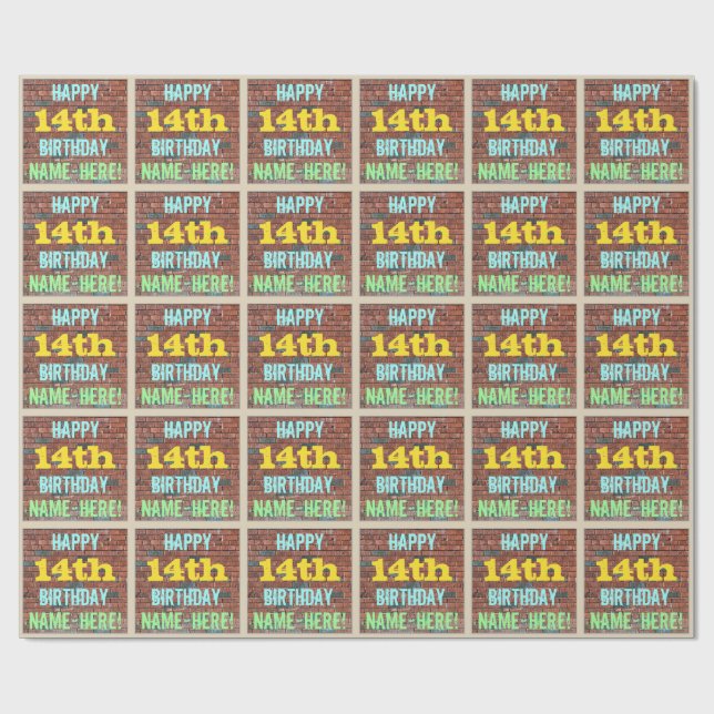 Brick Wall Graffiti Inspired 14th Birthday + Name Wrapping Paper (Flat)