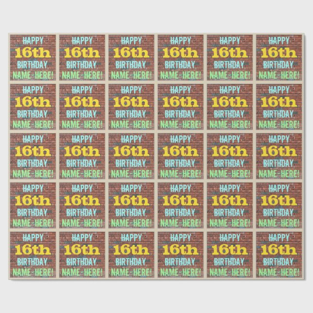 Brick Wall Graffiti Inspired 16th Birthday + Name Wrapping Paper (Flat)