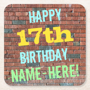 Brick Wall Graffiti Inspired 17th Birthday + Name Square Paper Coaster