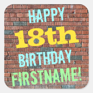 Brick Wall Graffiti Inspired 18th Birthday + Name Square Sticker