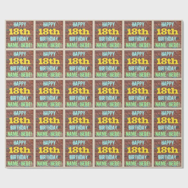 Brick Wall Graffiti Inspired 18th Birthday + Name Wrapping Paper (Flat)
