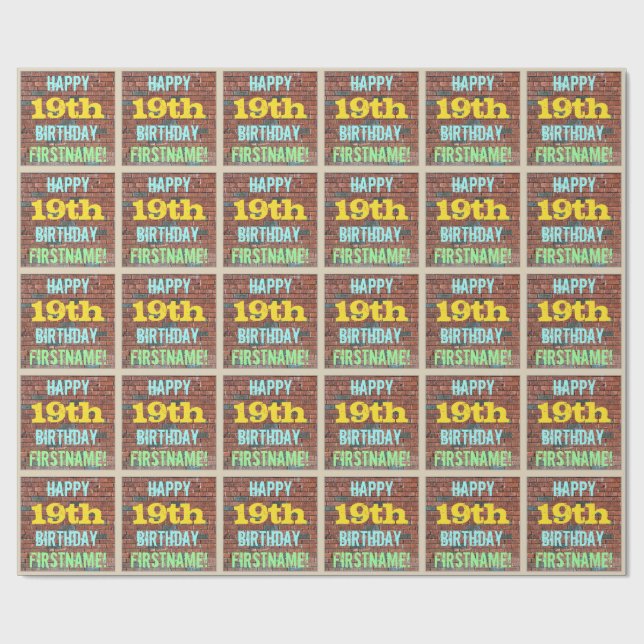 Brick Wall Graffiti Inspired 19th Birthday + Name Wrapping Paper (Flat)