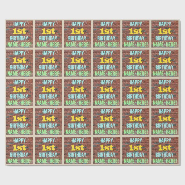 Brick Wall Graffiti Inspired 1st Birthday + Name Wrapping Paper (Flat)