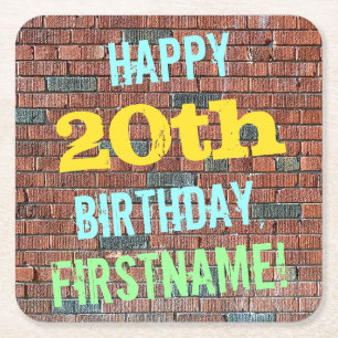 Brick Wall Graffiti Inspired 20th Birthday + Name Square Paper Coaster