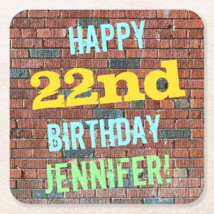 Brick Wall Graffiti Inspired 22nd Birthday + Name Square Paper Coaster