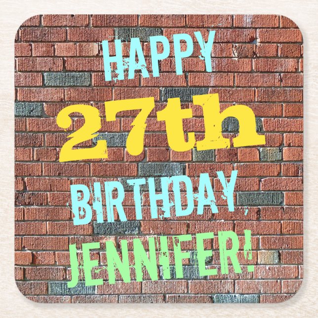 Brick Wall Graffiti Inspired 27th Birthday + Name Square Paper Coaster (Front)