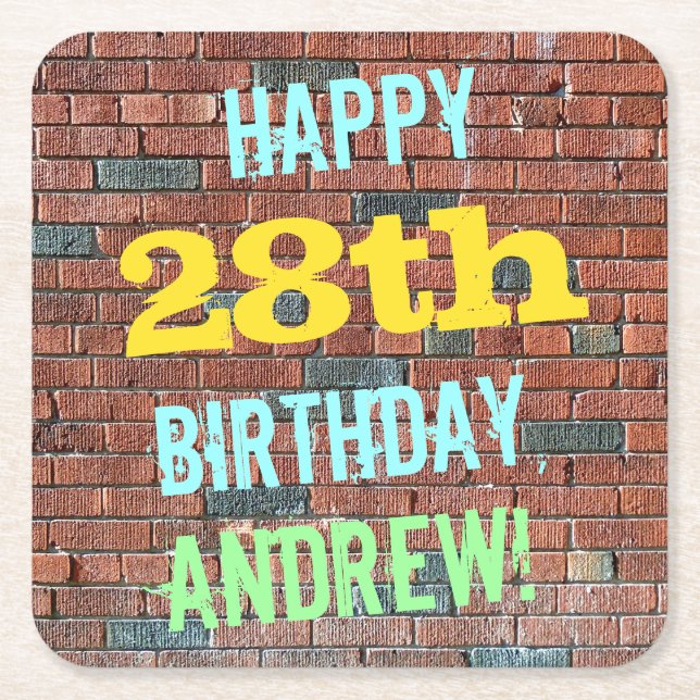 Brick Wall Graffiti Inspired 28th Birthday + Name Square Paper Coaster (Front)
