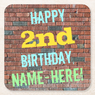 Brick Wall Graffiti Inspired 2nd Birthday + Name Square Paper Coaster