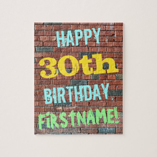 Brick Wall Graffiti Inspired 30th Birthday + Name Jigsaw Puzzle (Vertical)