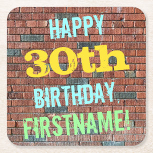Brick Wall Graffiti Inspired 30th Birthday + Name Square Paper Coaster