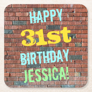 Brick Wall Graffiti Inspired 31st Birthday + Name Square Paper Coaster