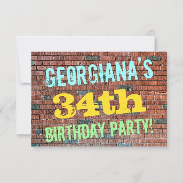 Brick Wall Graffiti Inspired 34th Birthday + Name Invitation (Front)