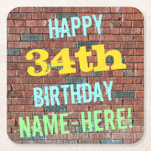 Brick Wall Graffiti Inspired 34th Birthday + Name Square Paper Coaster