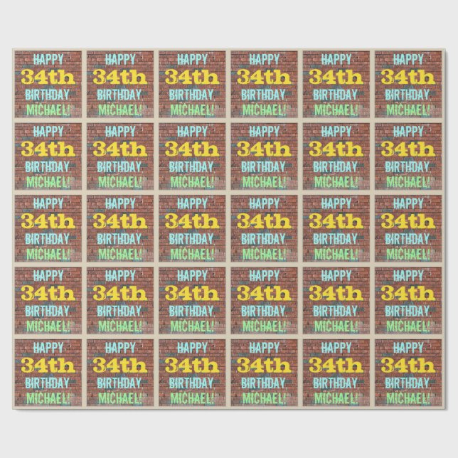 Brick Wall Graffiti Inspired 34th Birthday + Name Wrapping Paper (Flat)