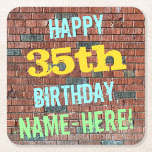 Brick Wall Graffiti Inspired 35th Birthday + Name Square Paper Coaster