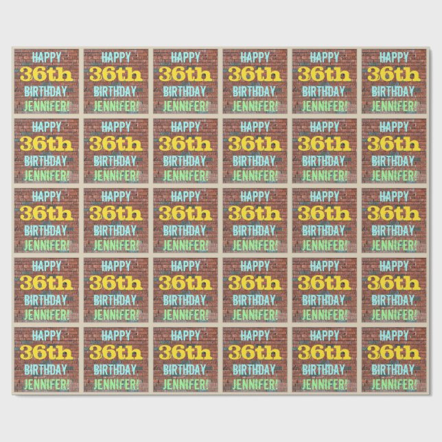 Brick Wall Graffiti Inspired 36th Birthday + Name Wrapping Paper (Flat)