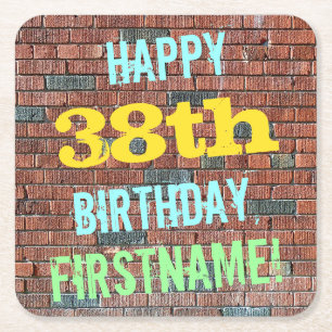 Brick Wall Graffiti Inspired 38th Birthday + Name Square Paper Coaster