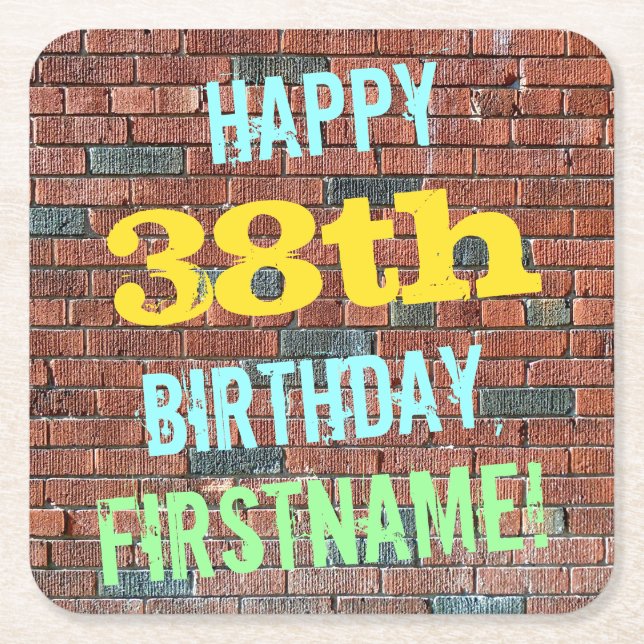 Brick Wall Graffiti Inspired 38th Birthday + Name Square Paper Coaster (Front)