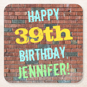 Brick Wall Graffiti Inspired 39th Birthday + Name Square Paper Coaster