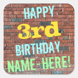 Brick Wall Graffiti Inspired 3rd Birthday + Name Square Sticker