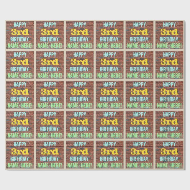 Brick Wall Graffiti Inspired 3rd Birthday + Name Wrapping Paper (Flat)