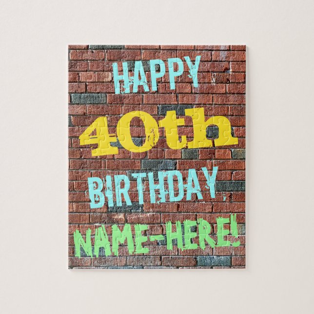 Brick Wall Graffiti Inspired 40th Birthday + Name Jigsaw Puzzle (Vertical)