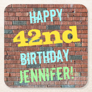 Brick Wall Graffiti Inspired 42nd Birthday + Name Square Paper Coaster