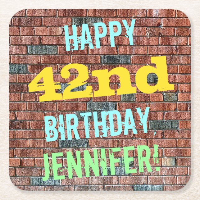 Brick Wall Graffiti Inspired 42nd Birthday + Name Square Paper Coaster (Front)