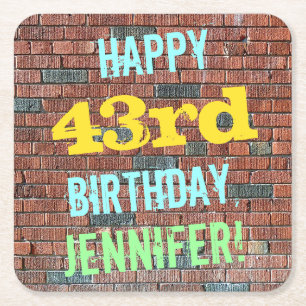 Brick Wall Graffiti Inspired 43rd Birthday + Name Square Paper Coaster