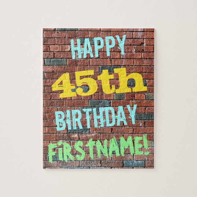 Brick Wall Graffiti Inspired 45th Birthday + Name Jigsaw Puzzle (Vertical)