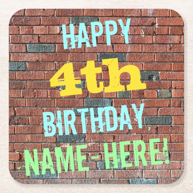 Brick Wall Graffiti Inspired 4th Birthday + Name Square Paper Coaster (Front)