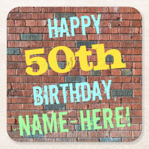 Brick Wall Graffiti Inspired 50th Birthday + Name Square Paper Coaster