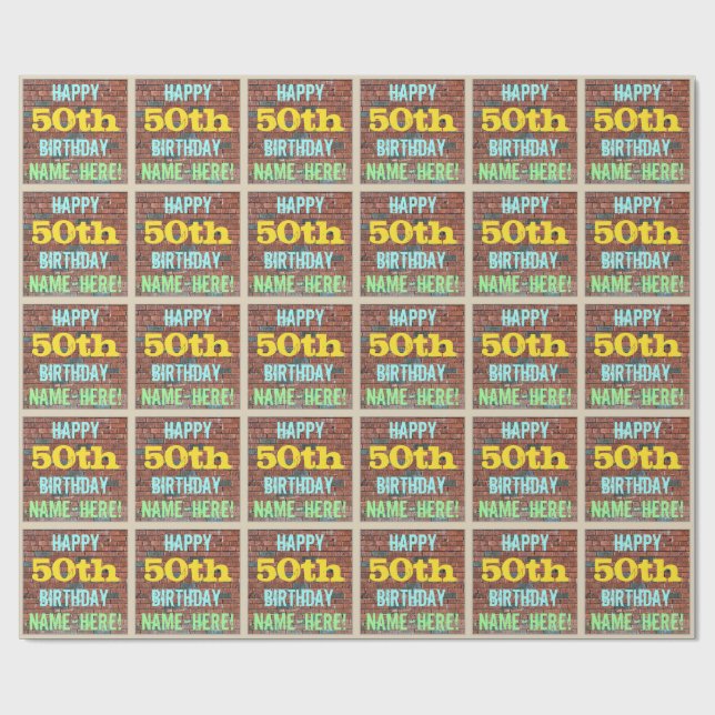 Brick Wall Graffiti Inspired 50th Birthday + Name Wrapping Paper (Flat)