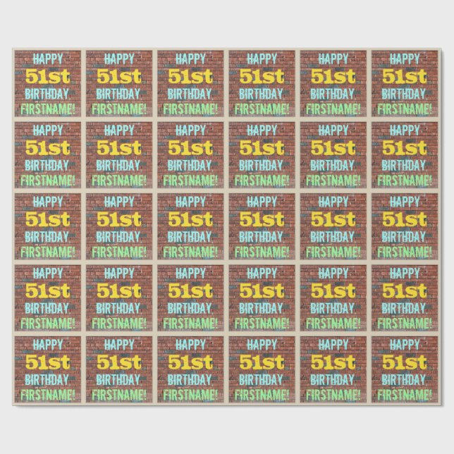 Brick Wall Graffiti Inspired 51st Birthday + Name Wrapping Paper (Flat)