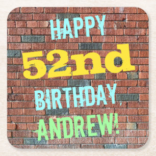 Brick Wall Graffiti Inspired 52nd Birthday + Name Square Paper Coaster