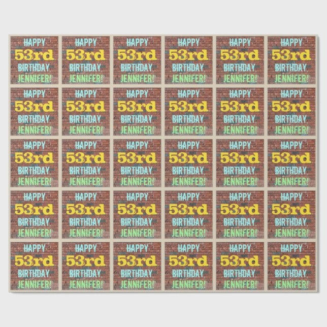 Brick Wall Graffiti Inspired 53rd Birthday + Name Wrapping Paper (Flat)