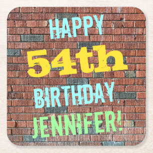 Brick Wall Graffiti Inspired 54th Birthday + Name Square Paper Coaster