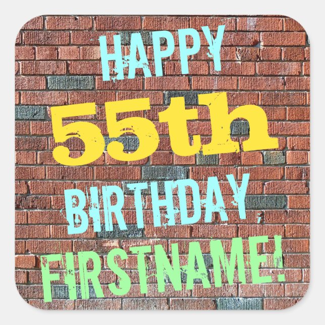 Brick Wall Graffiti Inspired 55th Birthday + Name Square Sticker (Front)