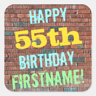 Brick Wall Graffiti Inspired 55th Birthday + Name Square Sticker