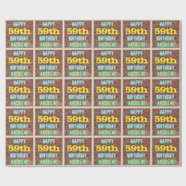 Brick Wall Graffiti Inspired 59th Birthday + Name Wrapping Paper (Flat)