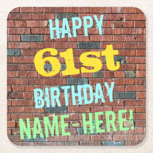 Brick Wall Graffiti Inspired 61st Birthday + Name Square Paper Coaster