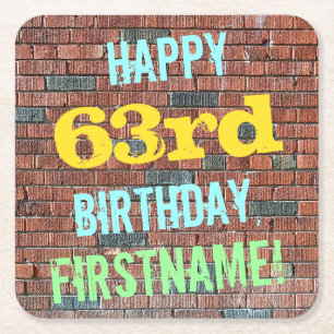 Brick Wall Graffiti Inspired 63rd Birthday + Name Square Paper Coaster