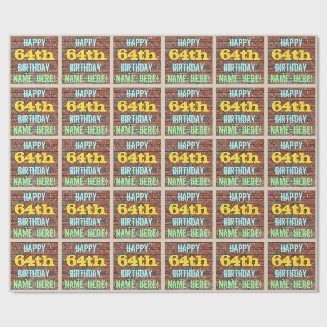 Brick Wall Graffiti Inspired 64th Birthday + Name Wrapping Paper (Flat)