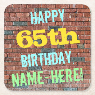 Brick Wall Graffiti Inspired 65th Birthday + Name Square Paper Coaster