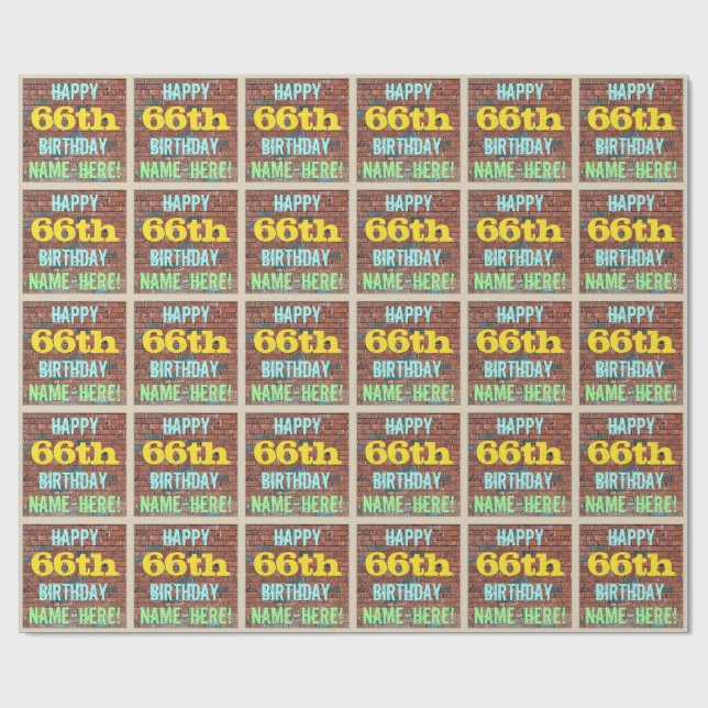 Brick Wall Graffiti Inspired 66th Birthday + Name Wrapping Paper (Flat)