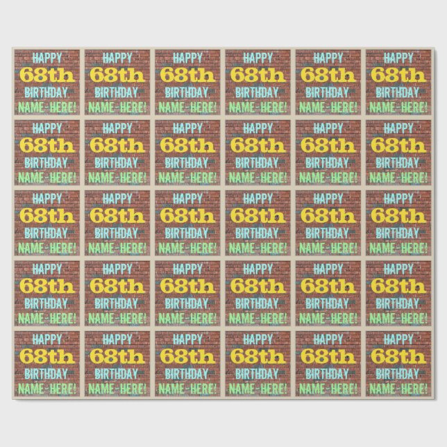 Brick Wall Graffiti Inspired 68th Birthday + Name Wrapping Paper (Flat)