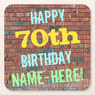 Brick Wall Graffiti Inspired 70th Birthday + Name Square Paper Coaster
